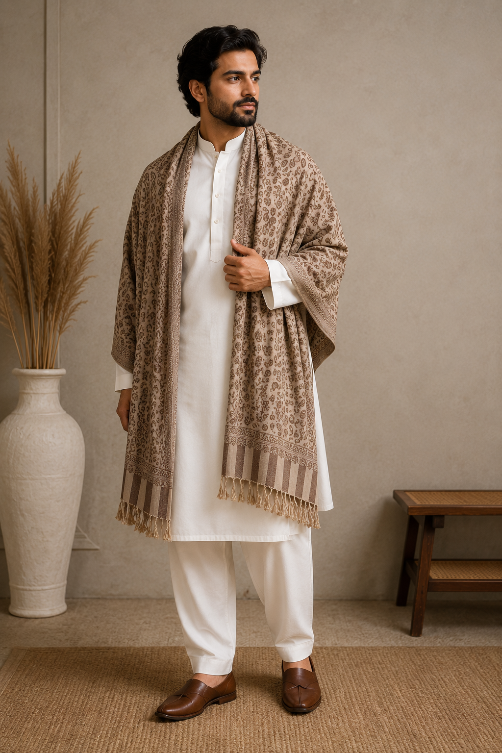 KPSH0153 Beige & Brown Reversible Pashmina Stole with Traditional Paisley Design