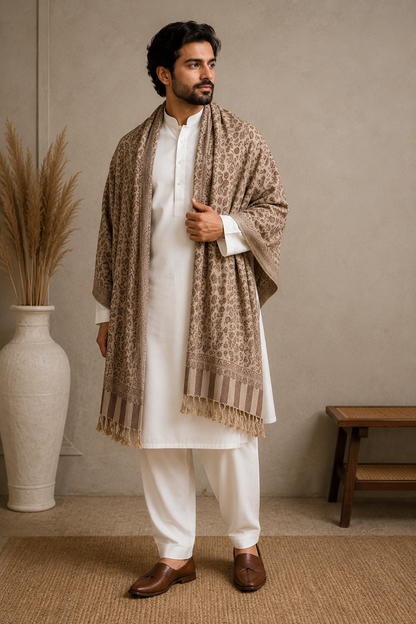 KPSH0153 Beige & Brown Reversible Pashmina Stole with Traditional Paisley Design
