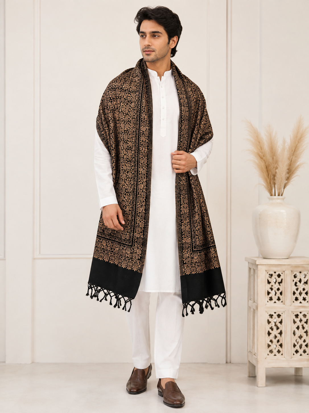 KPSH0154 Black & Gold Reversible Pashmina Stole with Traditional Floral Design