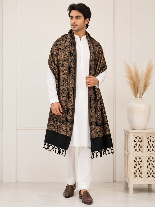 KPSH0154 Black & Gold Reversible Pashmina Stole with Traditional Floral Design