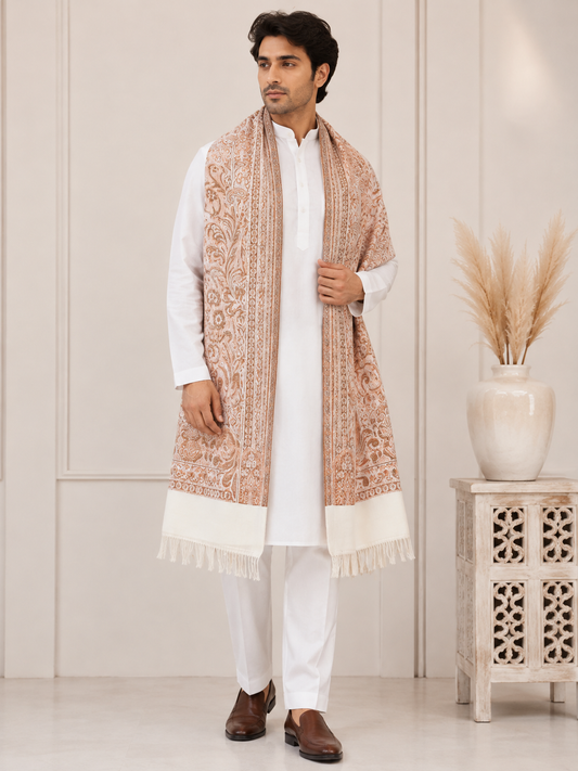 KPSH0155 Ivory & Peach Reversible Pashmina Stole with Traditional Paisley Design
