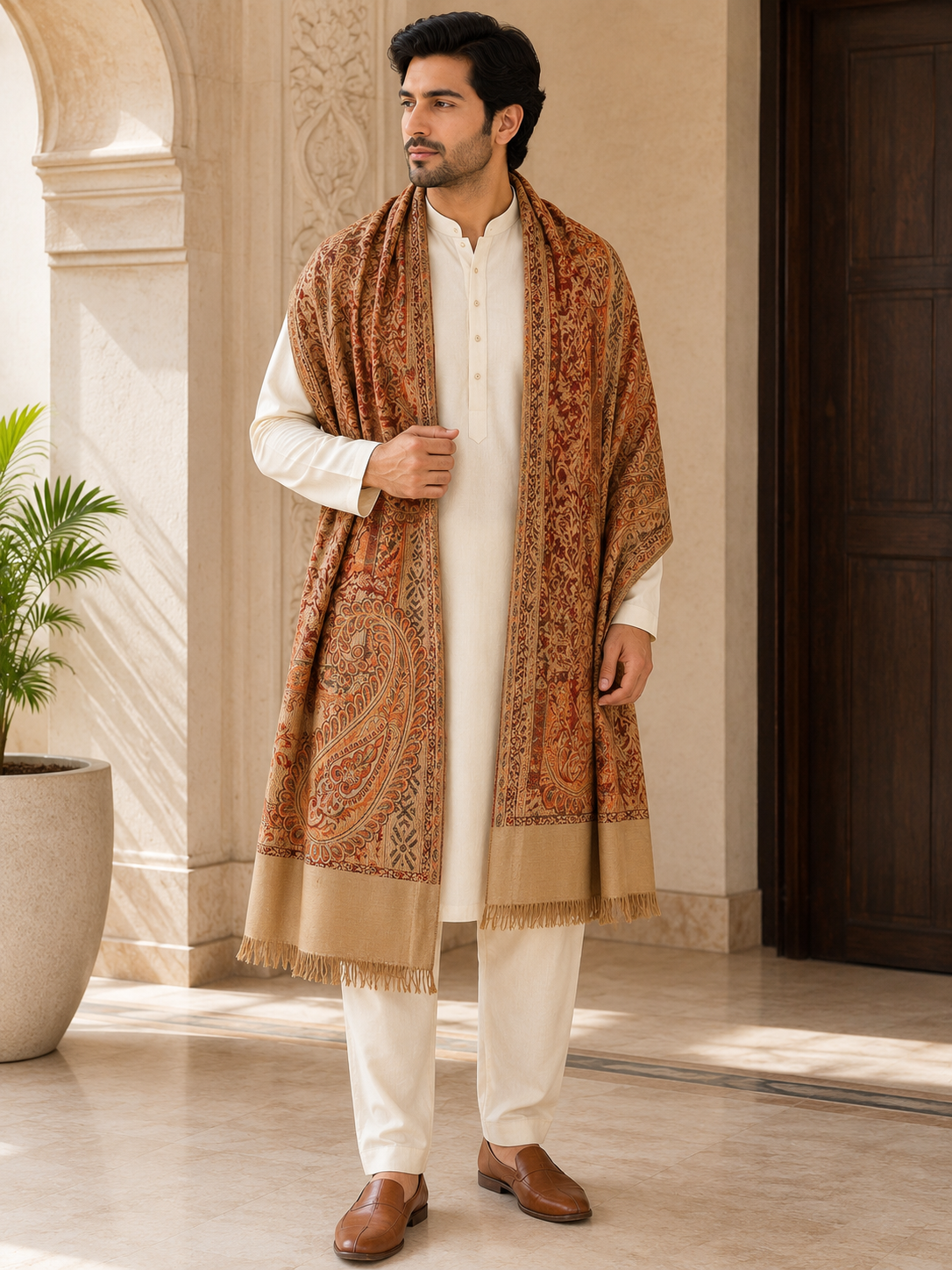 KPSH0156 Beige & Rust Reversible Pashmina Stole with Traditional Paisley Design