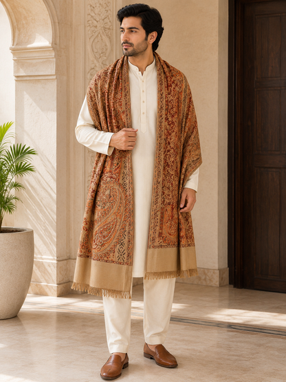 KPSH0156 Beige & Rust Reversible Pashmina Stole with Traditional Paisley Design