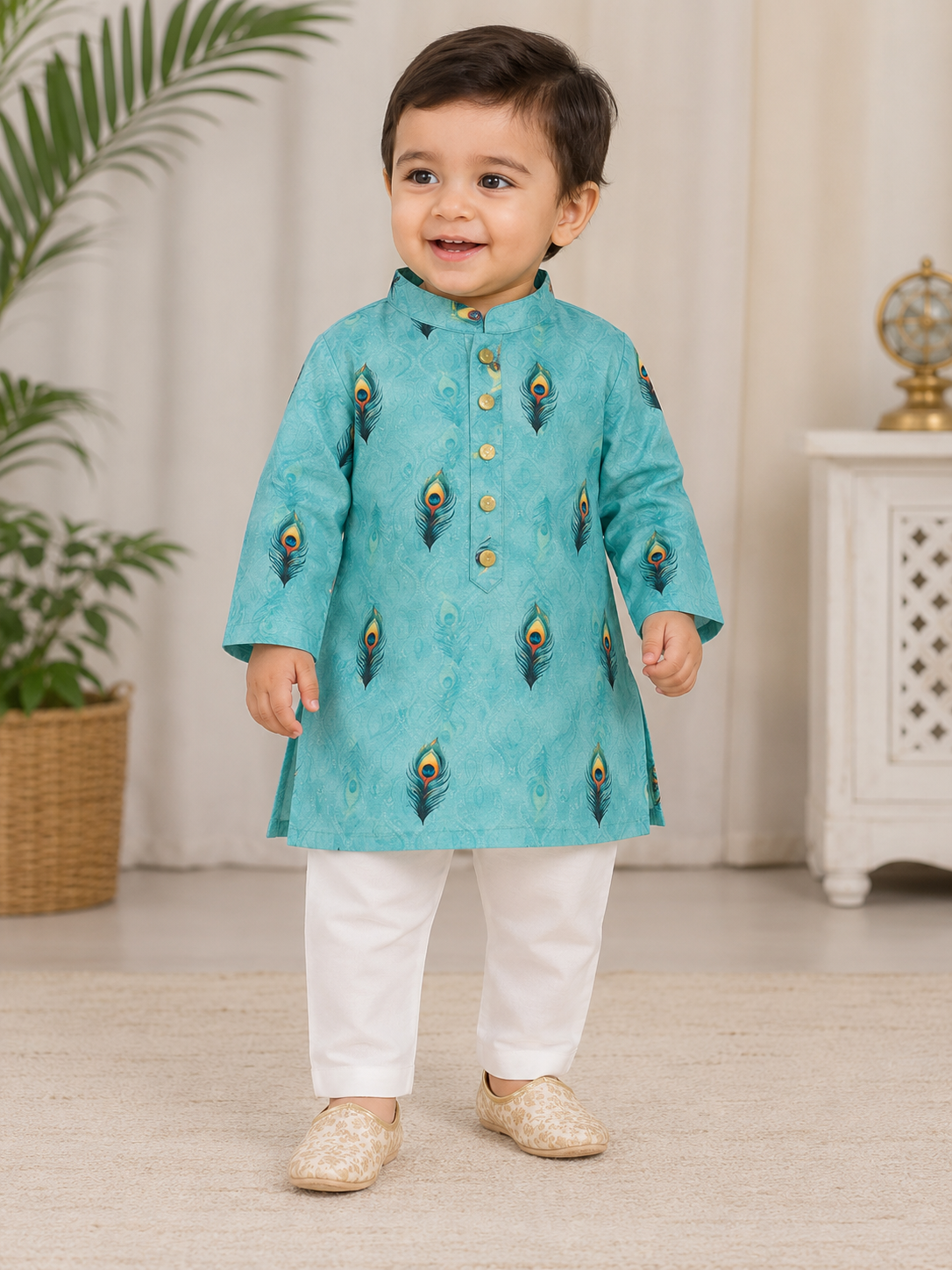 KPK2019 Kids Turquoise Peacock Feather Printed Kurta Pyjama Set