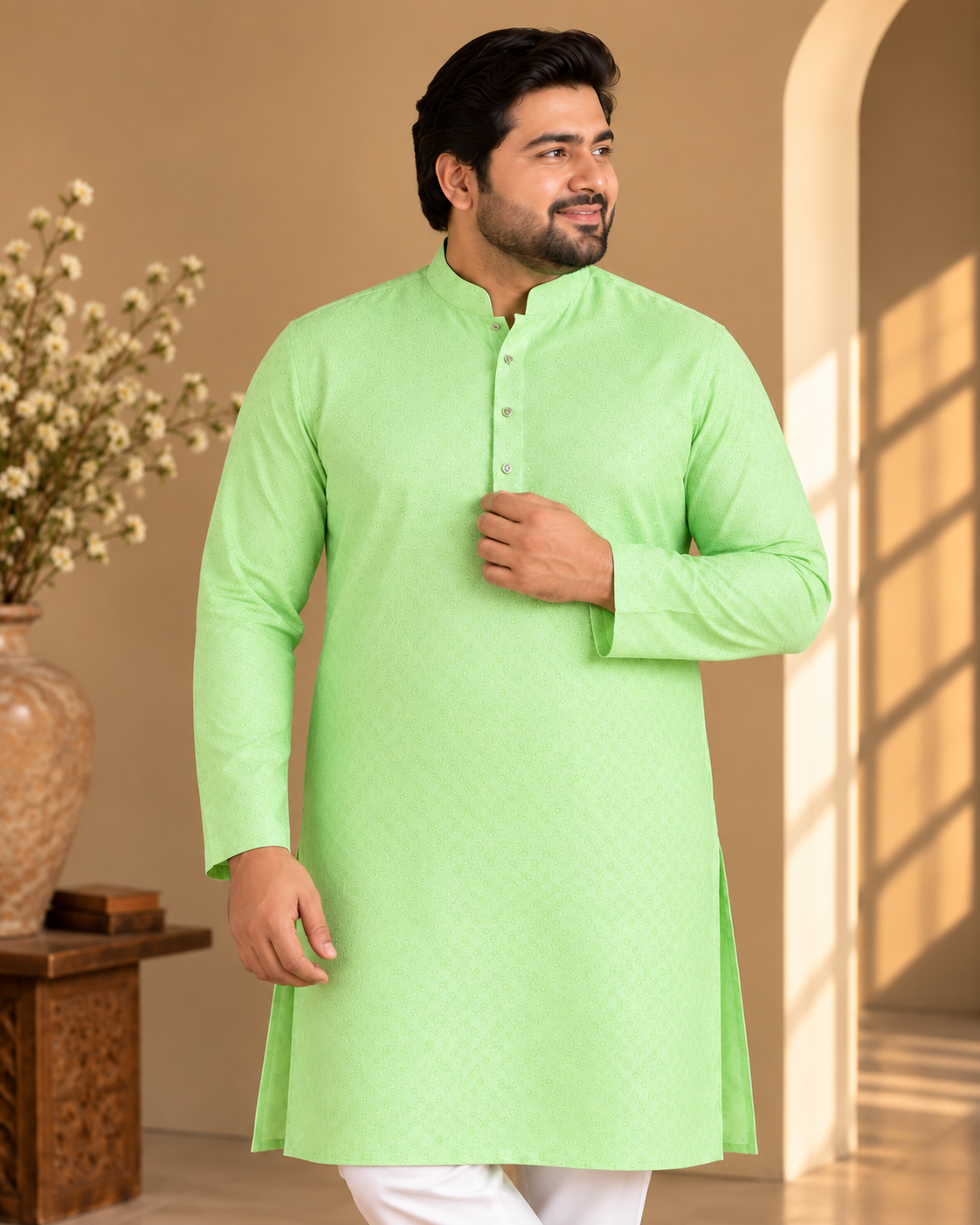 KPD4118 Plus Size Light Green Self-Patterned Kurta Pyjama Set