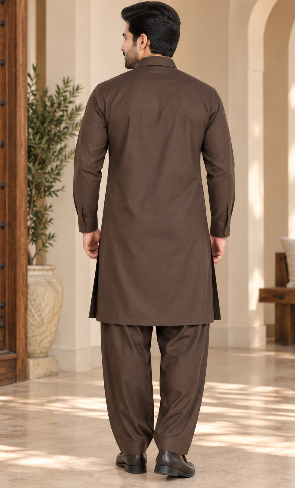 KPC1064 Brown Viscose Cotton Pathani Kurta Set