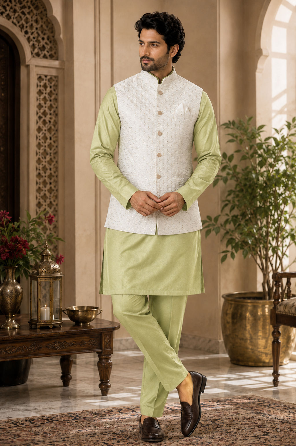Cream Nehru Jacket with Light Green Kurta Pyjama Set