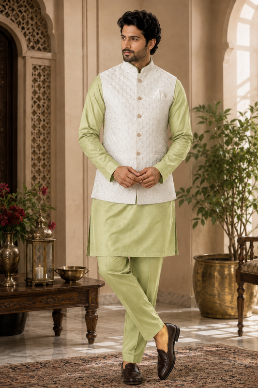 Cream Nehru Jacket with Light Green Kurta Pyjama Set