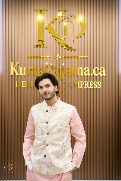 KPJ7125 Ivory Heritage Print Nehru Jacket