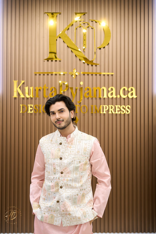KPJ7125 Ivory Heritage Print Nehru Jacket