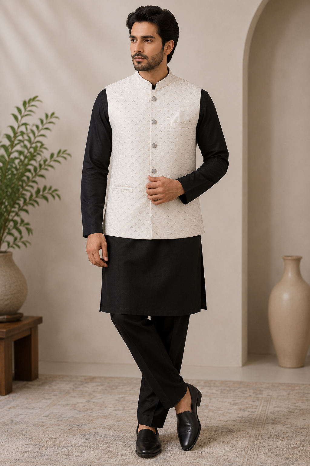 KPD6260 White Work Jacket With White Kurta Pyjama Set