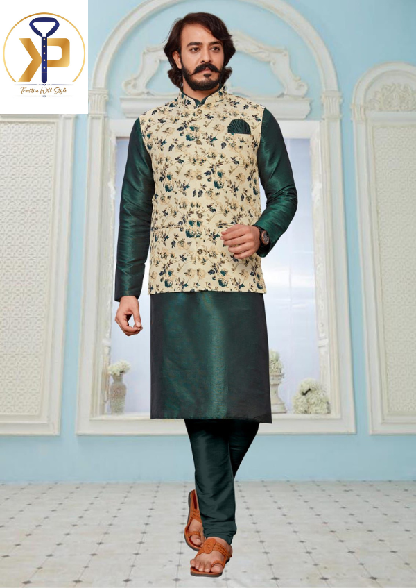 dark green kurta set with nehru jacket