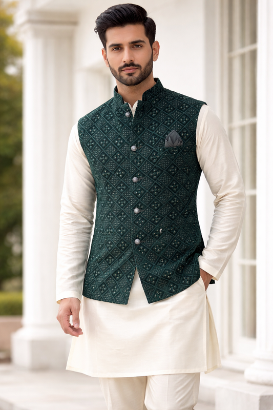 KPD5289 Plus Size Dark Green Velvet Nehru Jacket