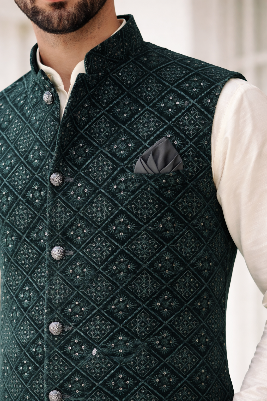 KPD5289 Plus Size Dark Green Velvet Nehru Jacket