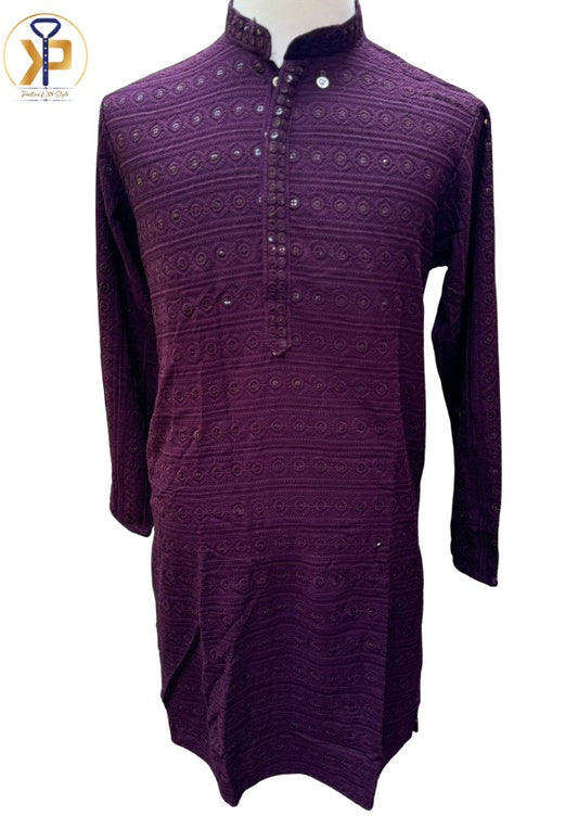 Dark purple chikankari kurta pyjama set featuring delicate embroidery, perfect for traditional celebrations.