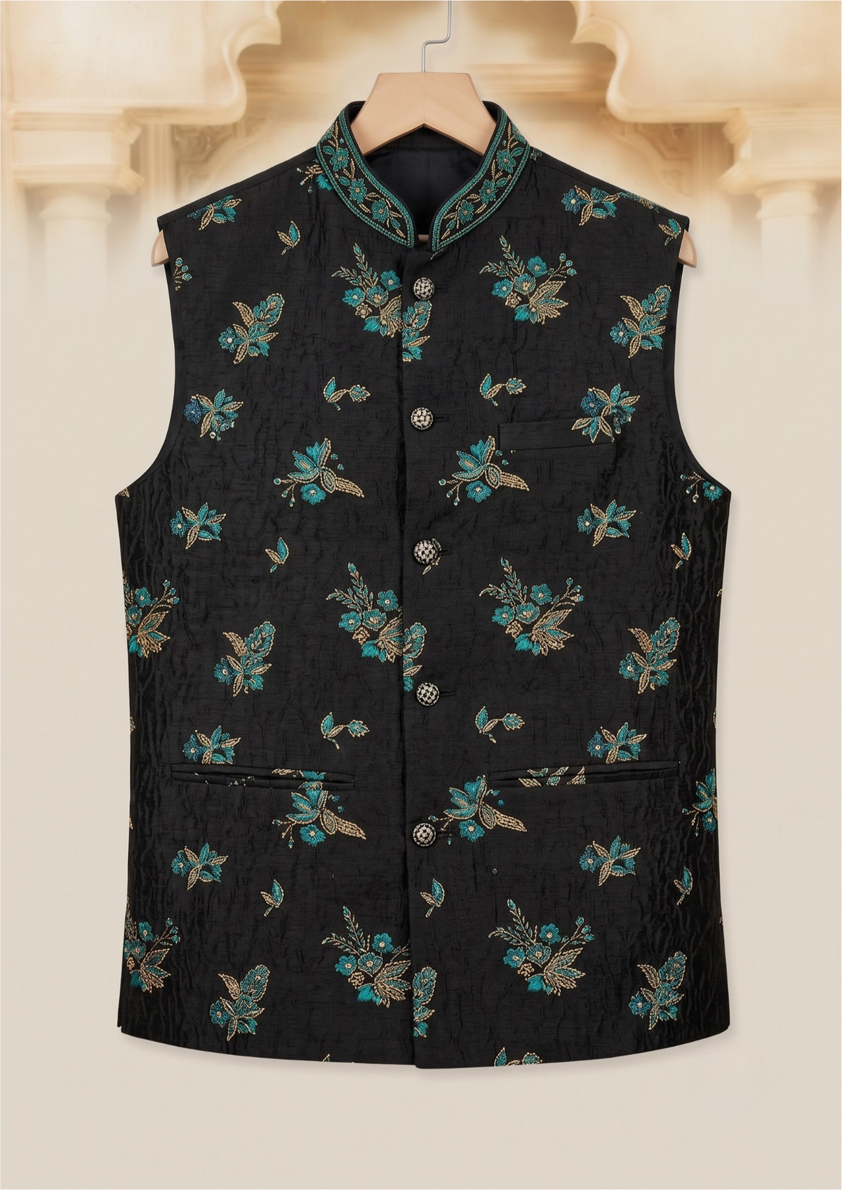 KPD2010 Turtle Blue Kurta Pyjama Set With Designer Black Jacket (Koti) and Pocket Square
