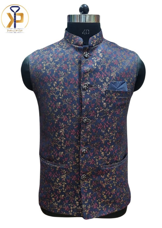 Designer navy blue Nehru jacket for men, featuring sophisticated detailing and a sleek fit, ideal for formal events