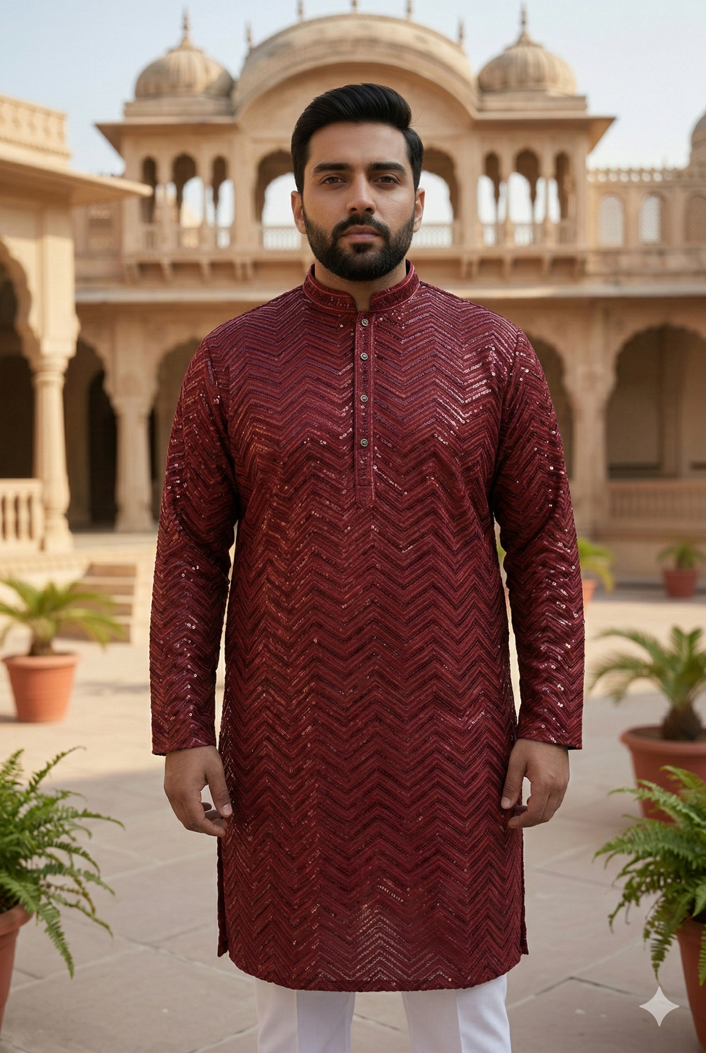 KPD4061 Plus Size Red Sequence Work Kurta Pyjama Men