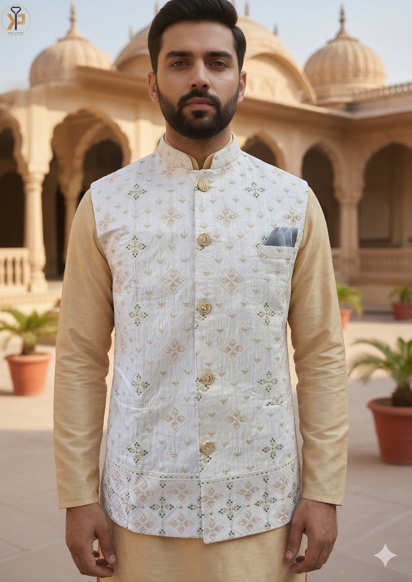 KPD6196 Gold Kurta Pyjama and Designer Nehru Jacket Set