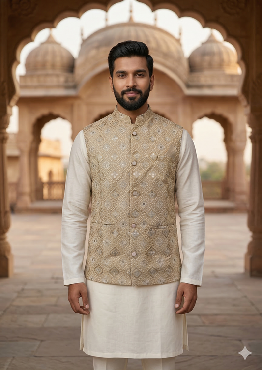 KPD6194 Ivory Kurta Pyjama and Heavy Beige Nehru Jacket Set