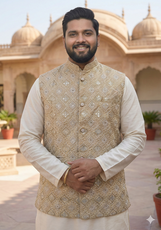 KPD5271 Plus Size Heavy Beige Nehru Jacket