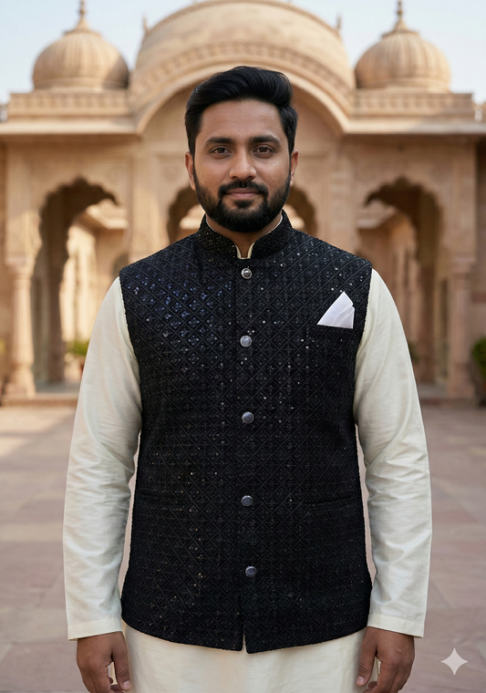 KPD5272 Plus Size Black Velvet Nehru Jacket