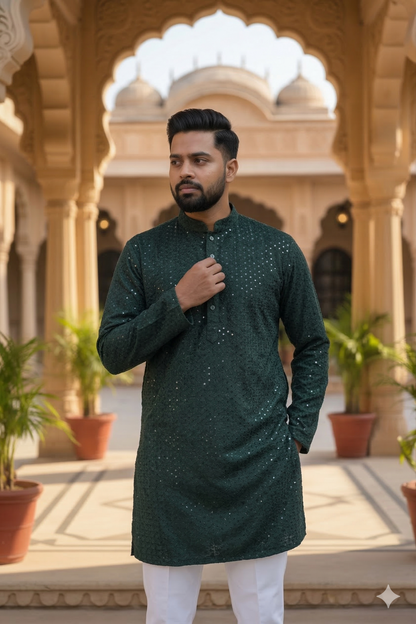 KPD6184 Green Suede Sequin Kurta Pyjama Set