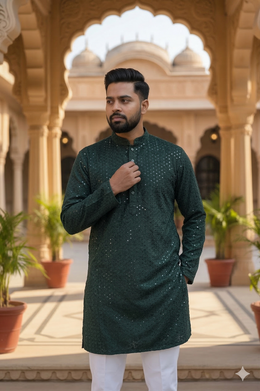 KPD6184 Green Suede Sequin Kurta Pyjama Set