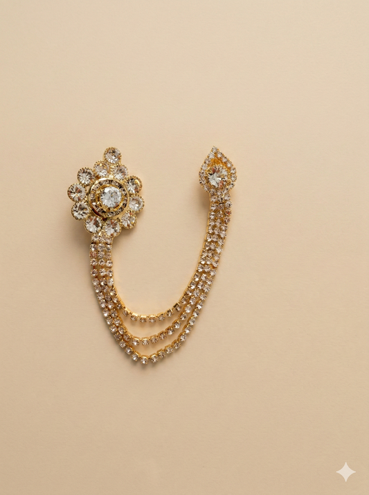 KPB0008 Gold Crystal Double Chain Brooch For Men