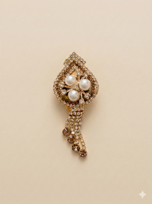 KPB0012 Antique Gold Pearl & Crystal Teardrop Brooch for Men