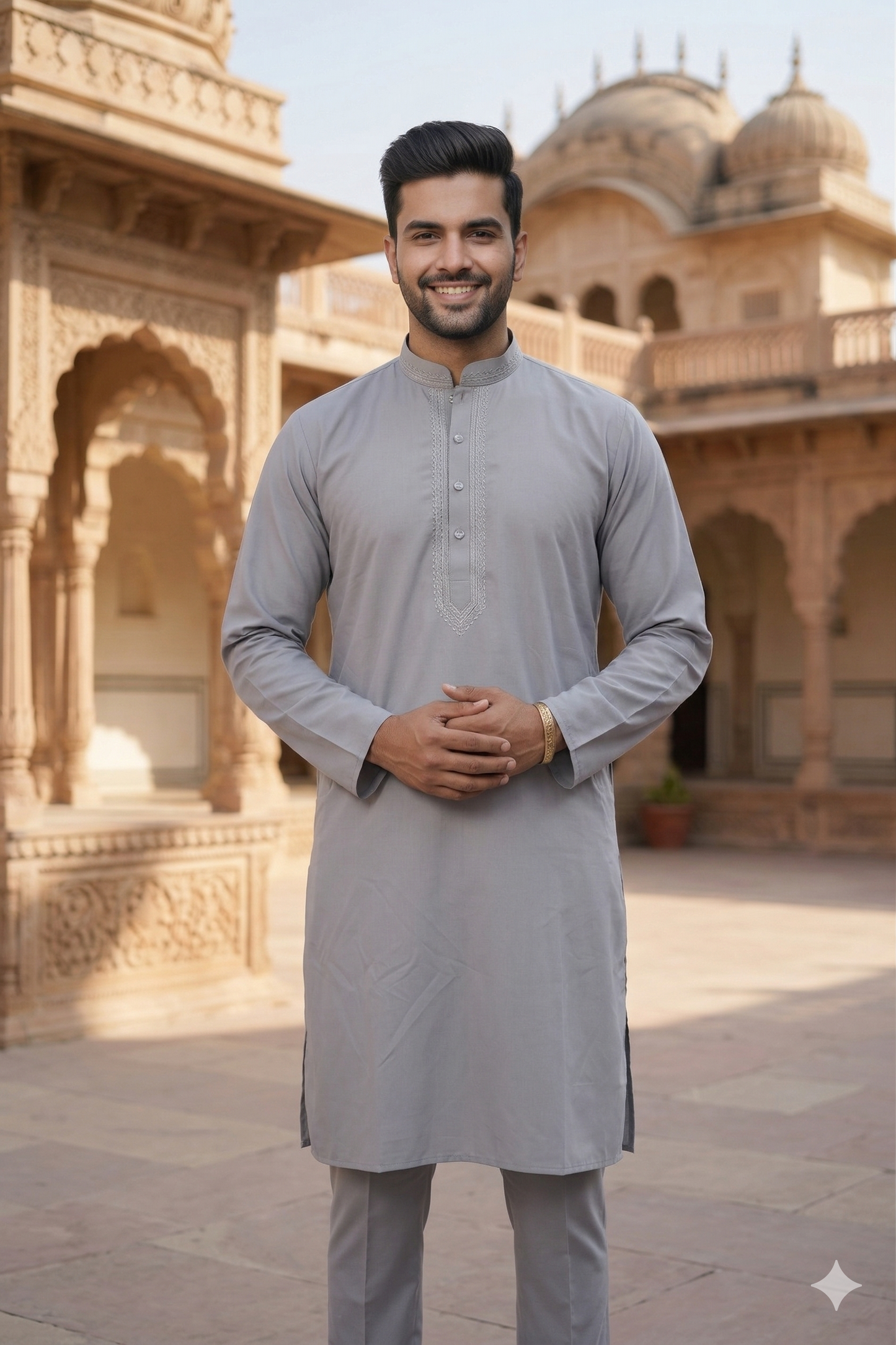 Man wearing a light gray kurta standing in front of an architectural building.