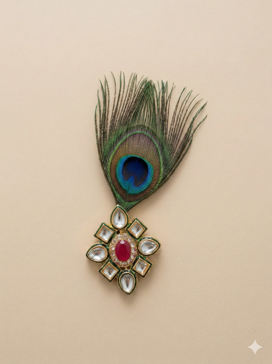 KPB0007 Kundan Peacock Feather Brooch For Men