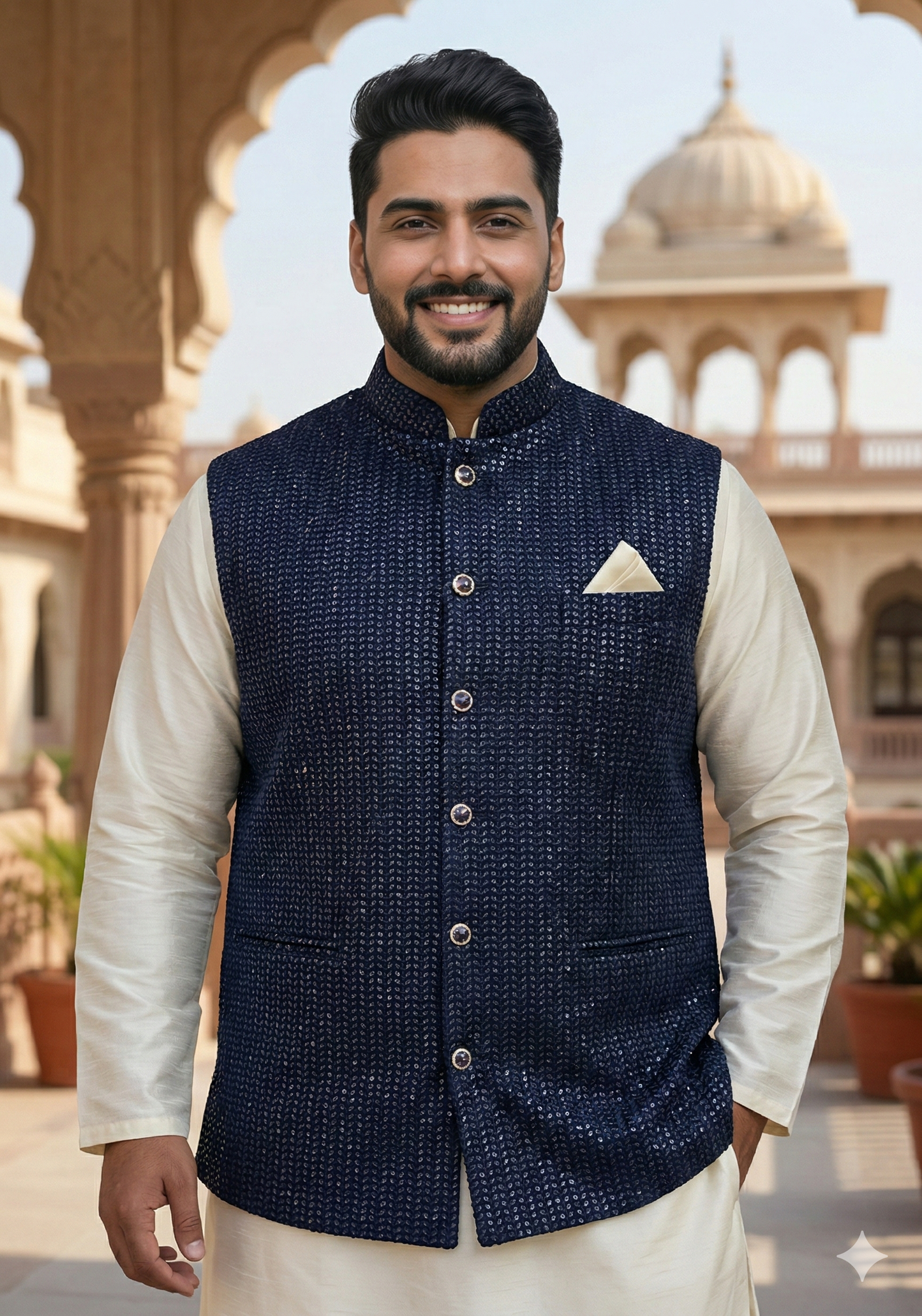 KPD5275 Plus Size Velvet Blue Nehru Jacket