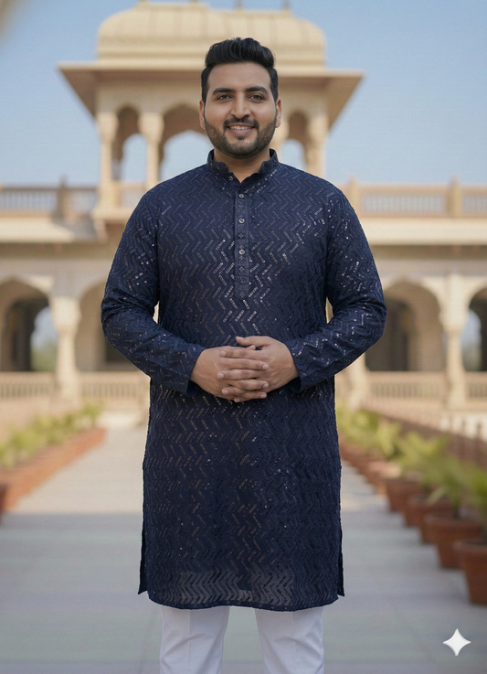 KPD4064 Plus Size Blue Sequence Kurta Pyjama Set