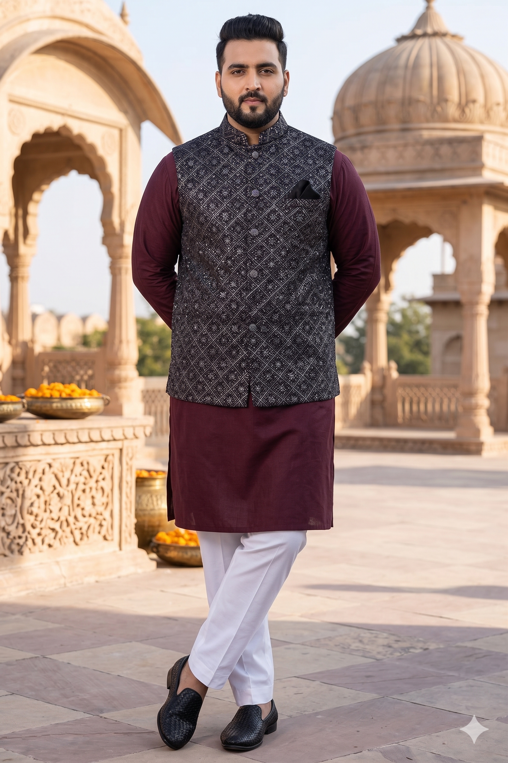 Plus Size velvet Wine Nehru Jacket