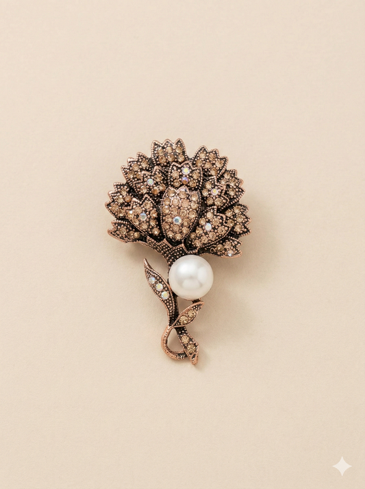 KPB0010 Antique Gold Crystal Flower Brooch for Men with Pearl