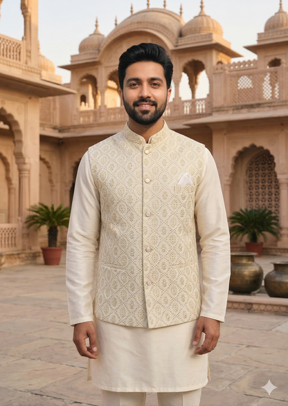 KPD6195 Ivory Kurta Pyjama and Light Gold Nehru Jacket Set