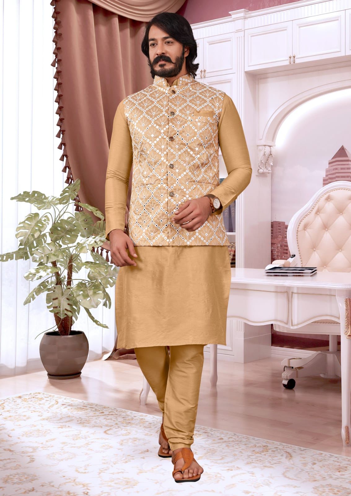golden kurta pyjama set with nehru jacket