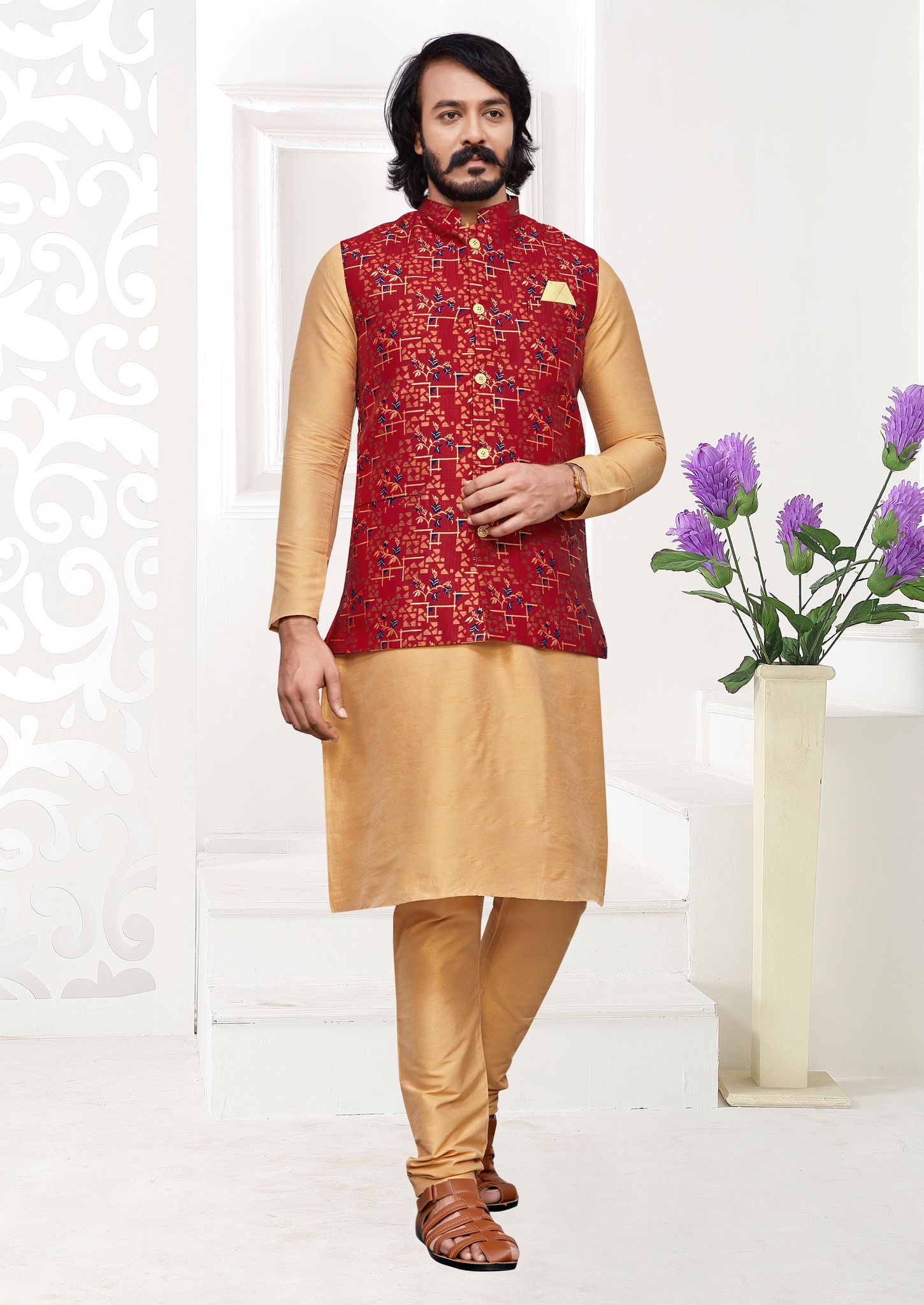 olden kurta set paired with a maroon Nehru jacket, perfect for weddings and festive occasions