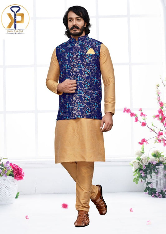 golden kurta set and navy blue nehru jacket