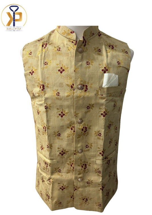 Men's golden Nehru jacket with a refined design, perfect for weddings and festive occasions