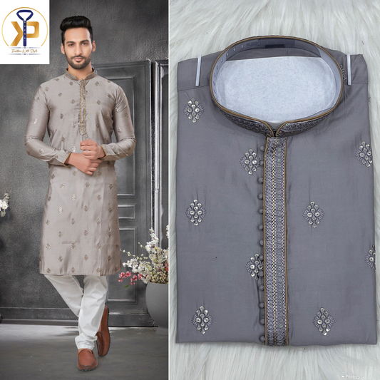grey embroidered kurta pyjama for men canada