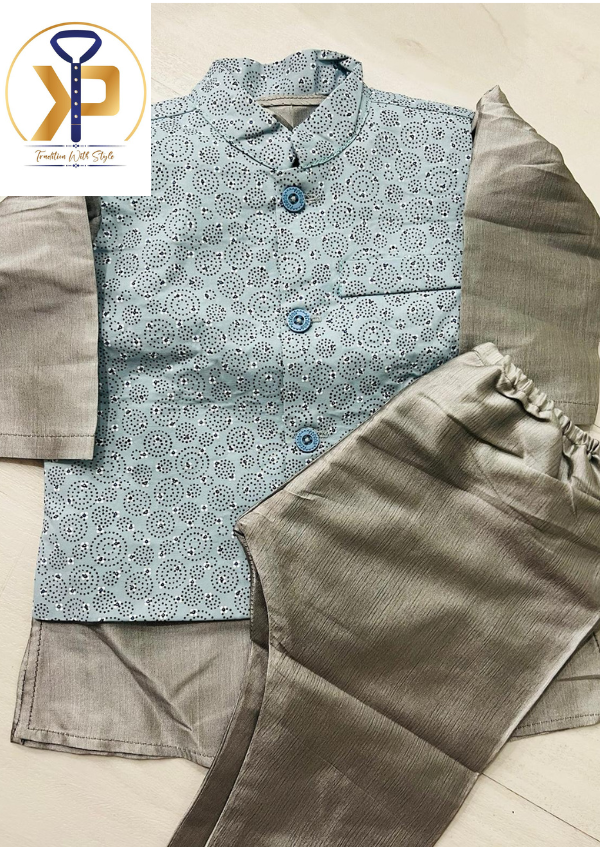 KPK7077 Grey Kurta Pyjama Set with Nehru Jacket 6m