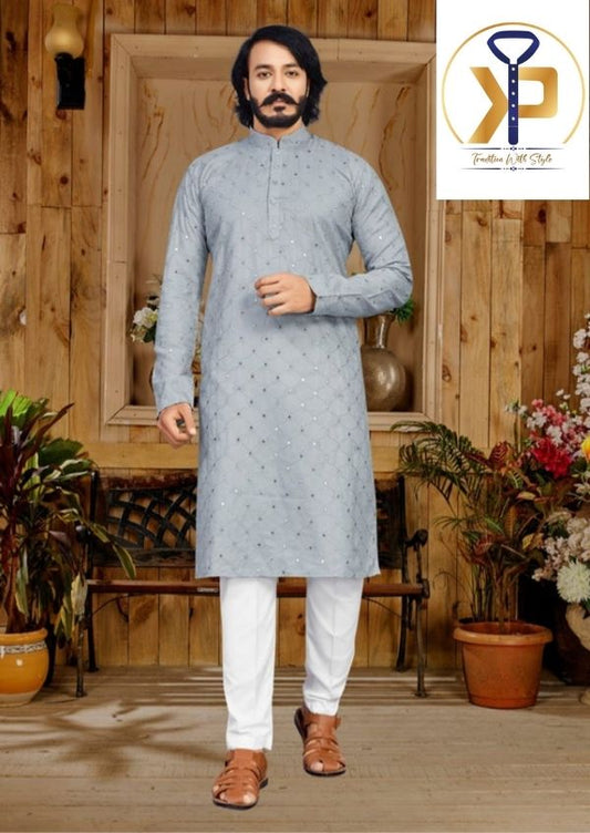 Grey Kurta White Pyjama Set With Mirror