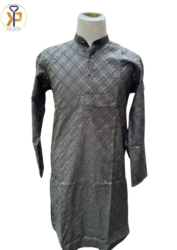 Men's grey kurta pyjama set with a sleek and modern design, suitable for weddings and festive occasions