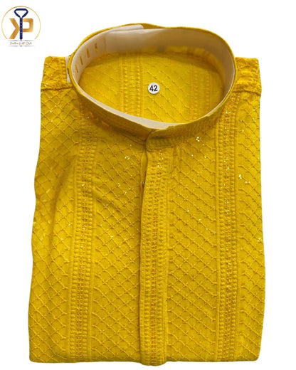 yellow chikankari kurta set for men