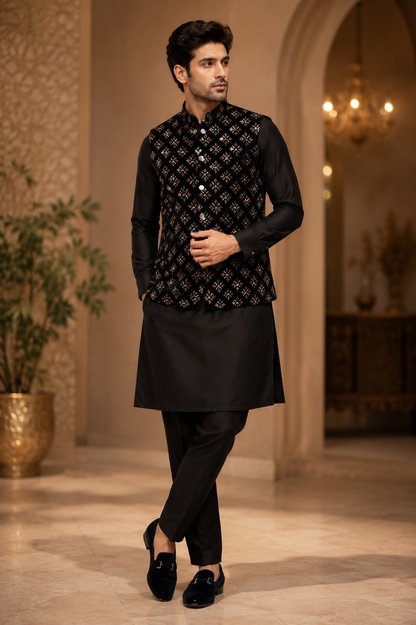 KPJ5307 Plus Size Multicolour Velvet Nehru Jacket