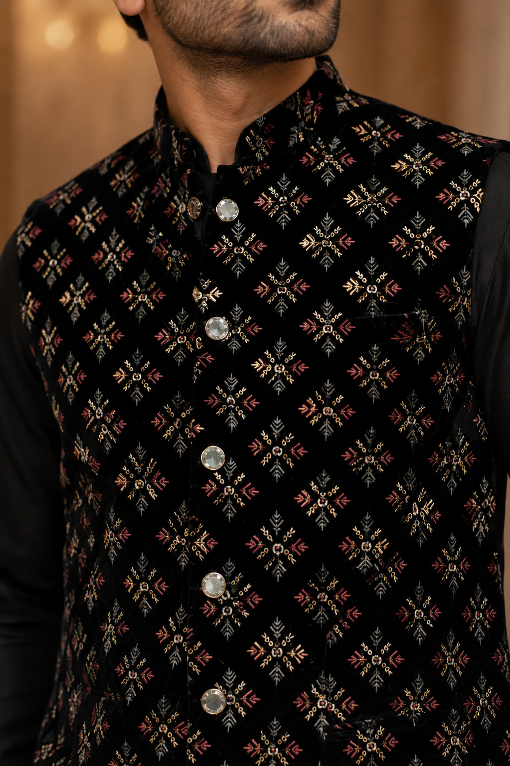 KPJ5307 Plus Size Multicolour Velvet Nehru Jacket
