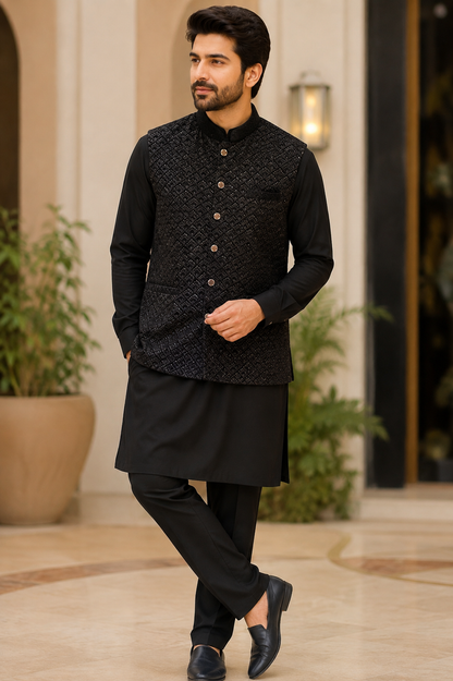 KPJ7121 Black Velvet Nehru Jacket