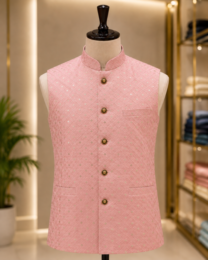 KPD7123 Blush Pink Sequins Nehru Jacket with Kurta Pant Set